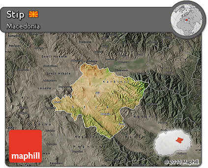 Satellite Map of Stip, darken, semi-desaturated