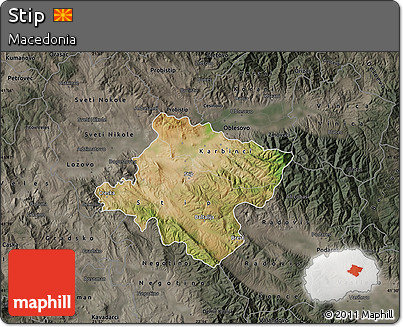 Satellite Map of Stip, darken, semi-desaturated