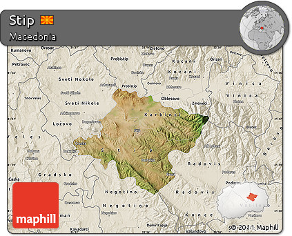 Satellite Map of Stip, shaded relief outside