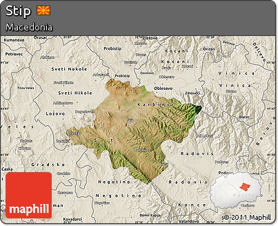Satellite Map of Stip, shaded relief outside