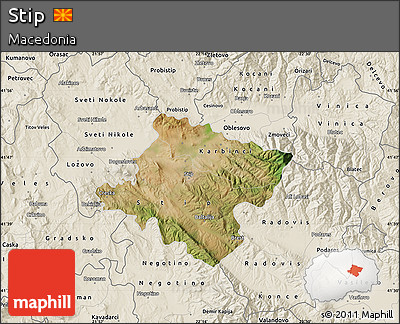 Satellite Map of Stip, shaded relief outside