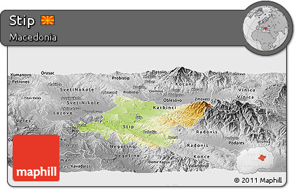 Physical Panoramic Map of Stip, desaturated
