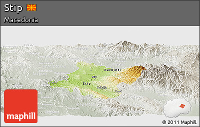 Physical Panoramic Map of Stip, lighten, semi-desaturated