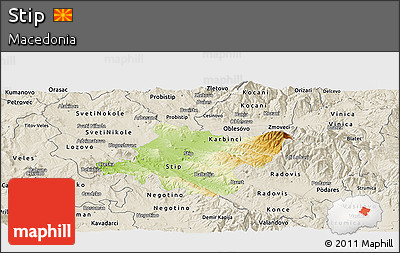 Physical Panoramic Map of Stip, shaded relief outside