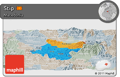 Political Panoramic Map of Stip, lighten, semi-desaturated