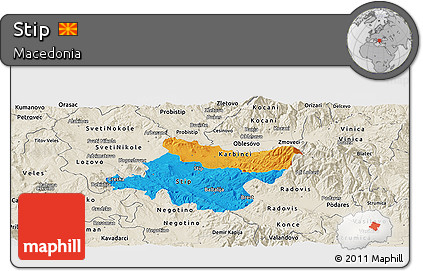 Political Panoramic Map of Stip, shaded relief outside