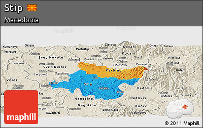 Political Panoramic Map of Stip, shaded relief outside