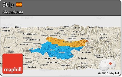 Political Panoramic Map of Stip, shaded relief outside