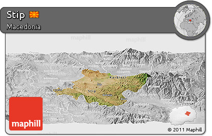 Satellite Panoramic Map of Stip, lighten, desaturated