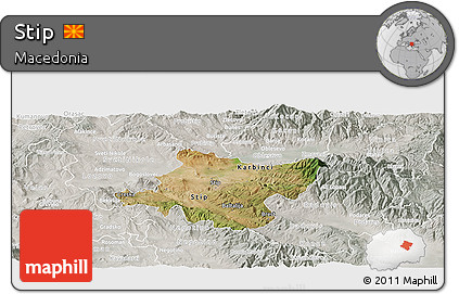 Satellite Panoramic Map of Stip, lighten, semi-desaturated