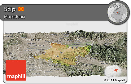 Satellite Panoramic Map of Stip, semi-desaturated
