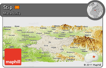 Shaded Relief Panoramic Map of Stip, physical outside