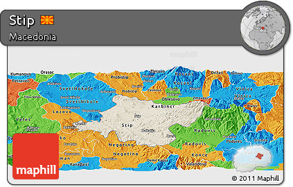 Shaded Relief Panoramic Map of Stip, political outside