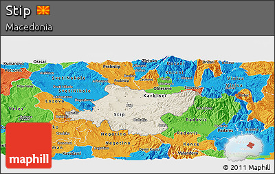 Shaded Relief Panoramic Map of Stip, political outside