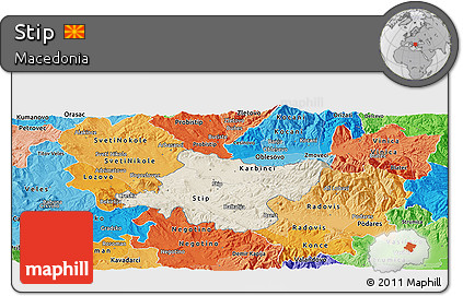 Shaded Relief Panoramic Map of Stip, political shades outside