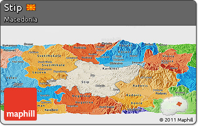 Shaded Relief Panoramic Map of Stip, political shades outside
