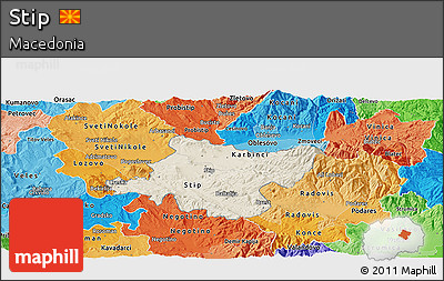 Shaded Relief Panoramic Map of Stip, political shades outside