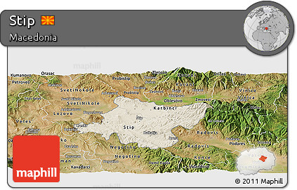 Shaded Relief Panoramic Map of Stip, satellite outside