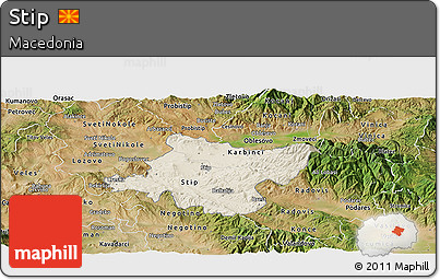 Shaded Relief Panoramic Map of Stip, satellite outside