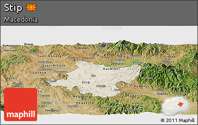 Shaded Relief Panoramic Map of Stip, satellite outside