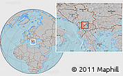 Gray Location Map of Bogovinje, within the entire country, hill shading