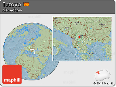 Savanna Style Location Map of Tetovo, within the entire country, hill shading