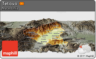 Physical Panoramic Map of Tetovo, darken, semi-desaturated