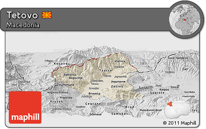 Shaded Relief Panoramic Map of Tetovo, desaturated
