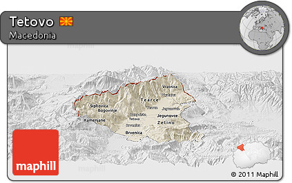Shaded Relief Panoramic Map of Tetovo, lighten, desaturated