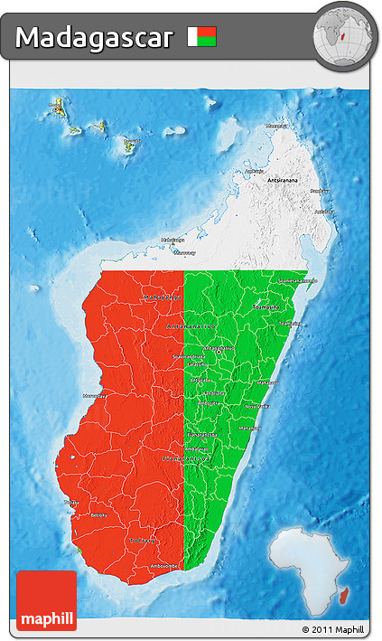 Flag 3D Map of Madagascar, physical outside, bathymetry sea, flag aligned to the middle
