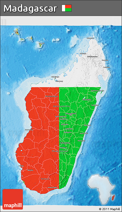 Flag 3D Map of Madagascar, physical outside, bathymetry sea, flag aligned to the middle