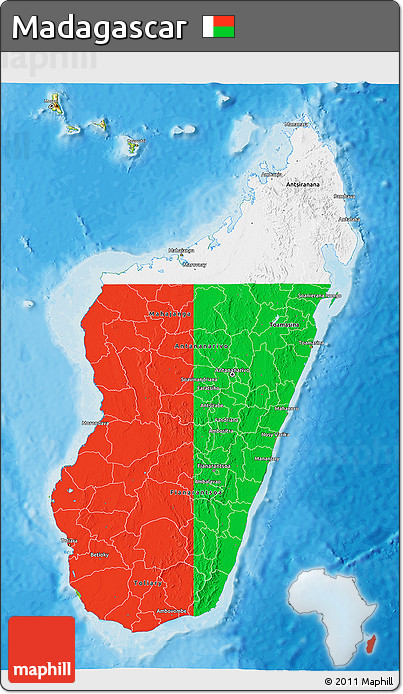 Flag 3D Map of Madagascar, physical outside, bathymetry sea, flag aligned to the middle