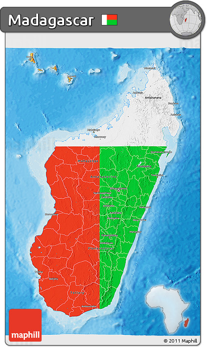 Flag 3D Map of Madagascar, political outside, flag aligned to the middle