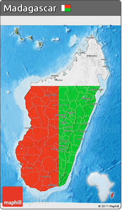 Flag 3D Map of Madagascar, satellite outside, bathymetry sea, flag aligned to the middle