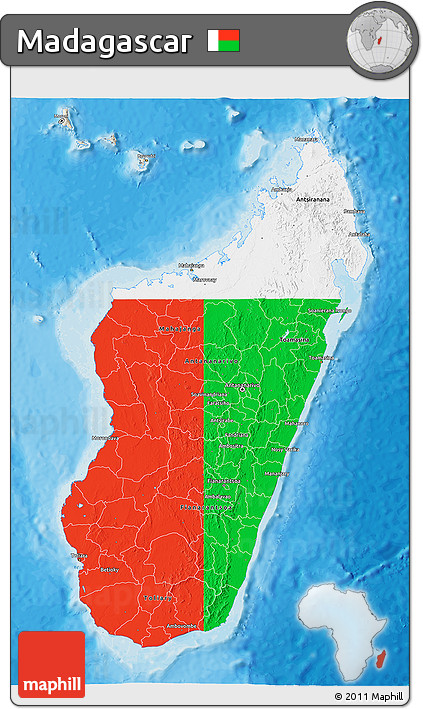 Flag 3D Map of Madagascar, shaded relief outside, bathymetry sea, flag rotated