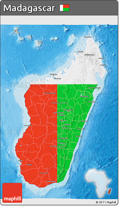 Flag 3D Map of Madagascar, shaded relief outside, bathymetry sea, flag rotated