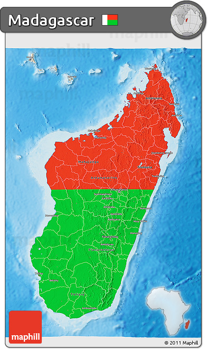 Flag 3D Map of Madagascar, shaded relief outside, flag centered