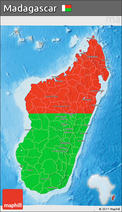 Flag 3D Map of Madagascar, shaded relief outside, flag centered