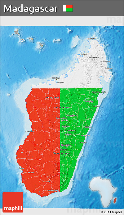 Flag 3D Map of Madagascar, shaded relief outside, flag rotated