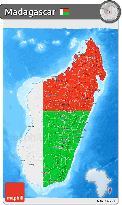 Flag 3D Map of Madagascar, single color outside, bathymetry sea
