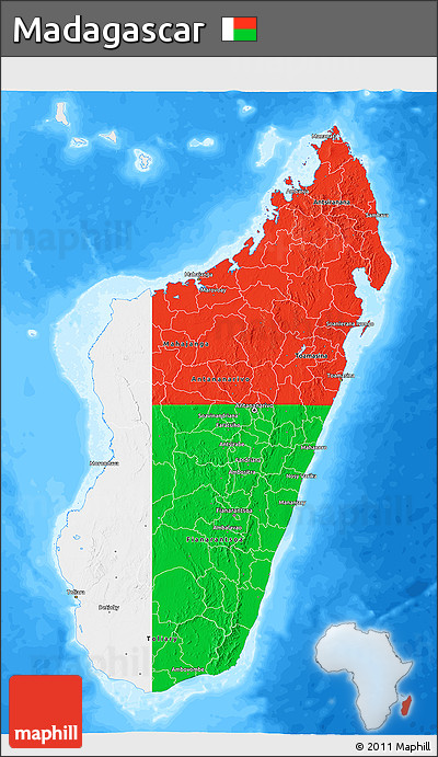 Flag 3D Map of Madagascar, single color outside, bathymetry sea