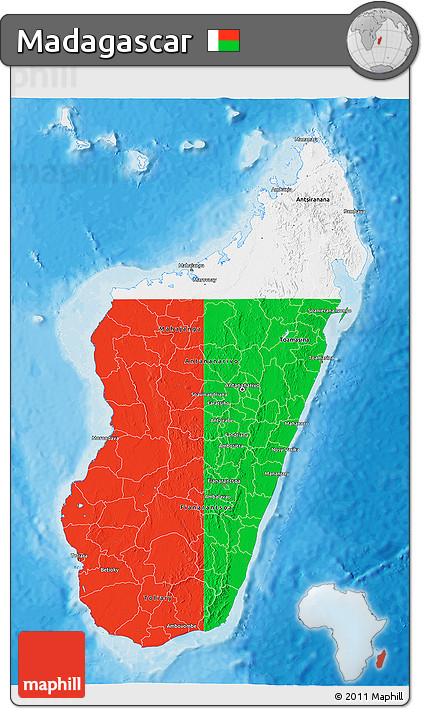 Flag 3D Map of Madagascar, single color outside, bathymetry sea, shaded relief sea, flag rotated