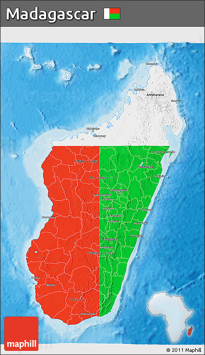 Flag 3D Map of Madagascar, single color outside, bathymetry sea, shaded relief sea, flag rotated