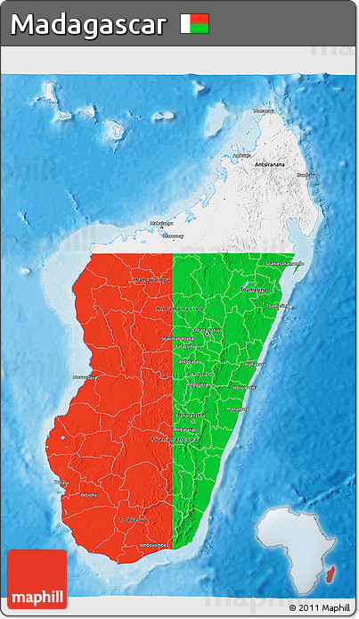 Flag 3D Map of Madagascar, single color outside, bathymetry sea, shaded relief sea, flag rotated