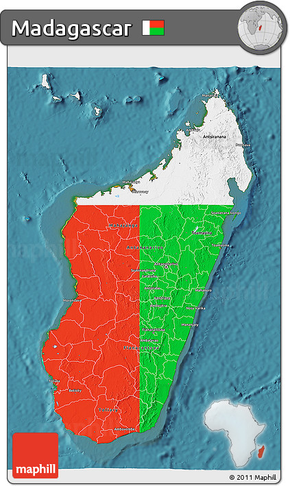 Flag 3D Map of Madagascar, single color outside, satellite sea, flag aligned to the middle