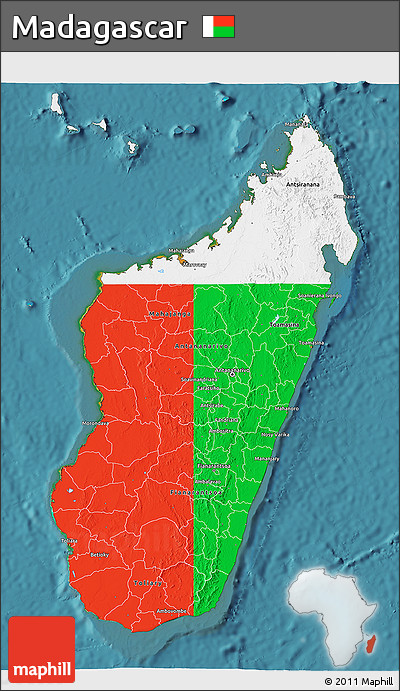 Flag 3D Map of Madagascar, single color outside, satellite sea, flag aligned to the middle