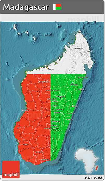 Flag 3D Map of Madagascar, single color outside, satellite sea, flag aligned to the middle