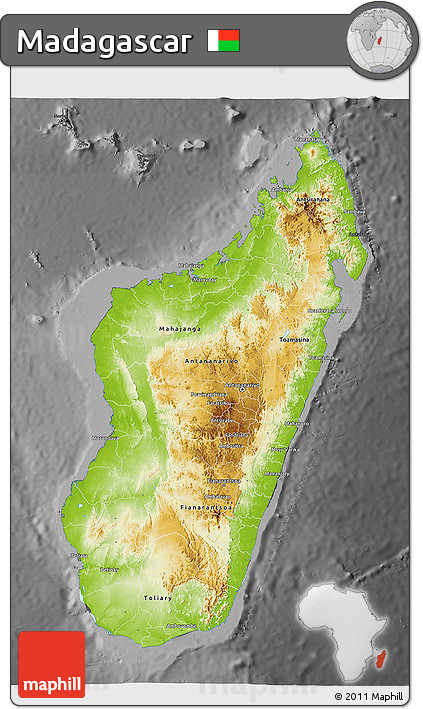 Physical 3D Map of Madagascar, darken, desaturated