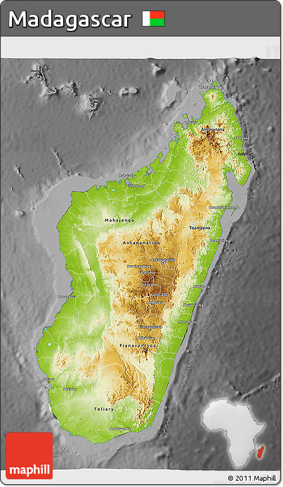 Physical 3D Map of Madagascar, darken, desaturated