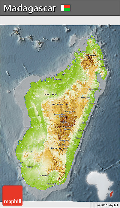 Physical 3D Map of Madagascar, darken, semi-desaturated